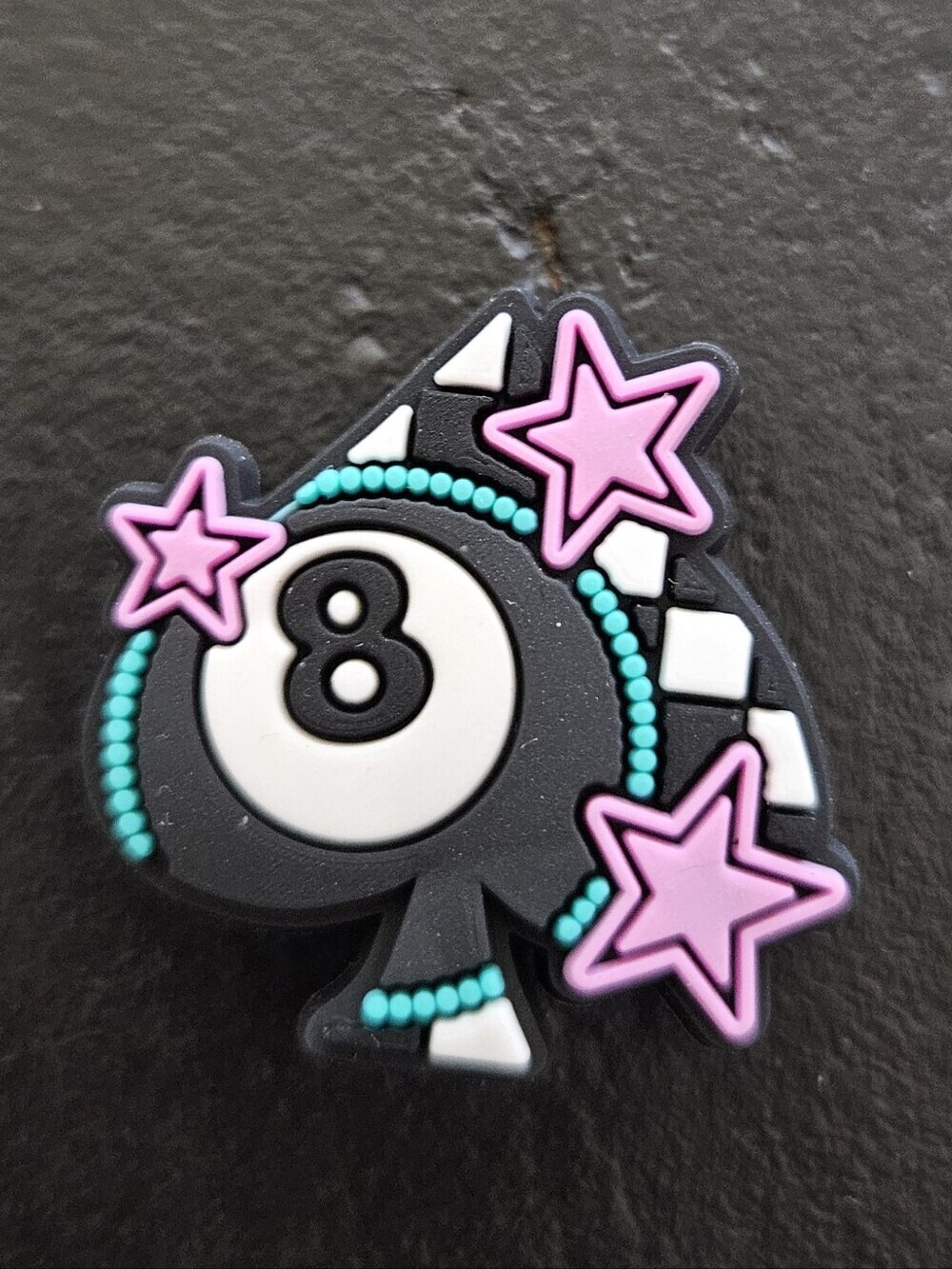 Eight Ball Spade Charm with Pink Stars Teal Beading NEW Shoe Bag Charm Rubber